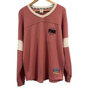 VS PINK White Varsity V-Neck Long Sleeve Jersey Tee Oversized spring, size M